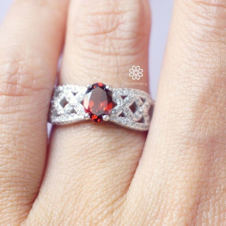 Bague en argent sterling et grenat véritable - Bijou porte-bonheur