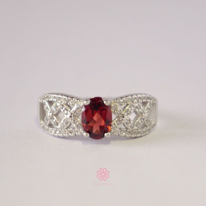 Bague en argent sterling et grenat véritable - Bijou porte-bonheur
