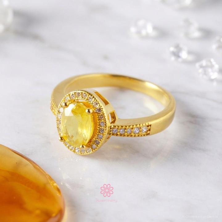 Bague en saphir jaune | Argent sterling 925 plaqué or, taille 56