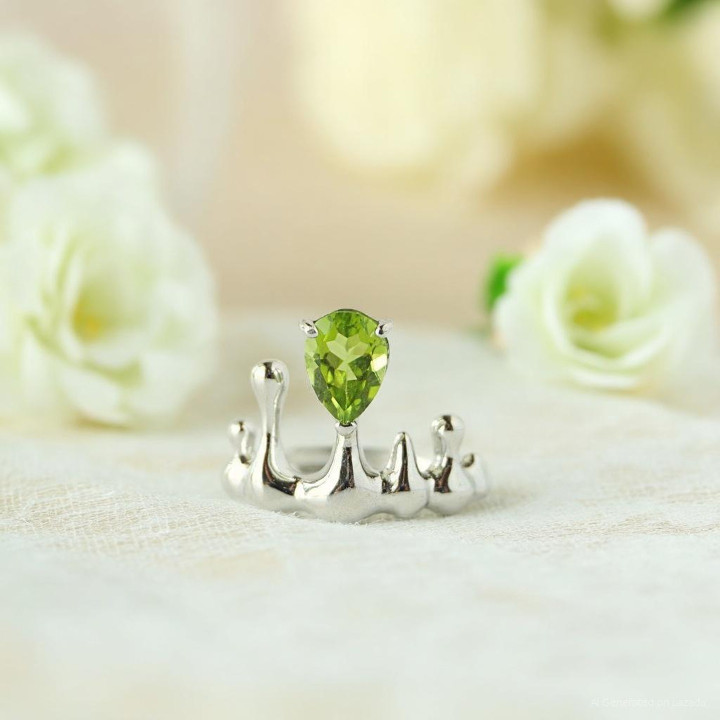 Bague en péridot brut | Pierre précieuse authentique, argent sterling et or blanc