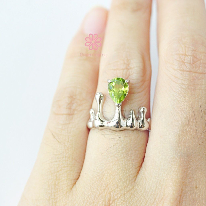 Bague en péridot brut | Pierre précieuse authentique, argent sterling et or blanc