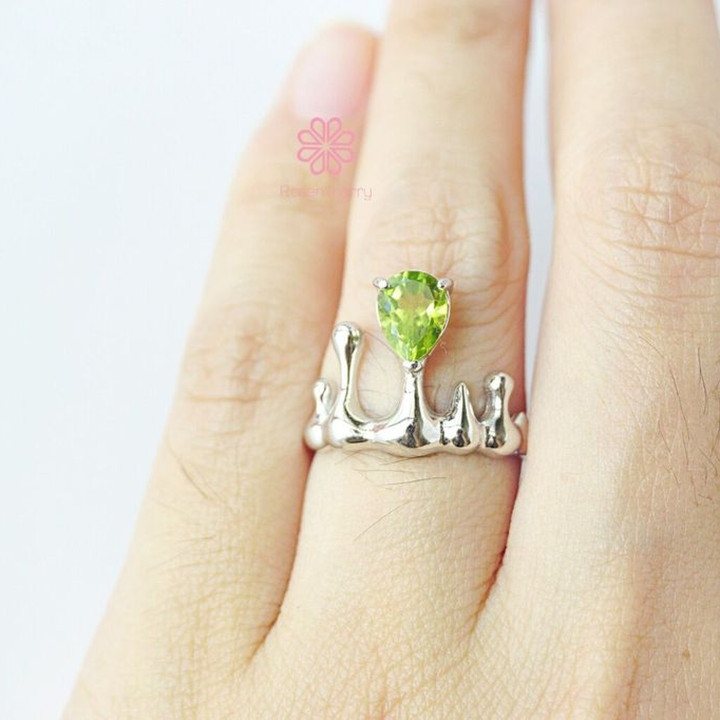 Bague en péridot brut | Pierre précieuse authentique, argent sterling et or blanc