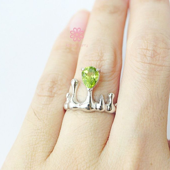 Bague en péridot brut | Pierre précieuse authentique, argent sterling et or blanc