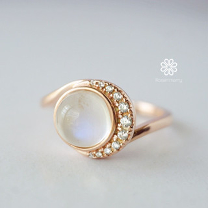 Bague en pierre de lune bleu ciel | Pierre brute, argent sterling et or rose