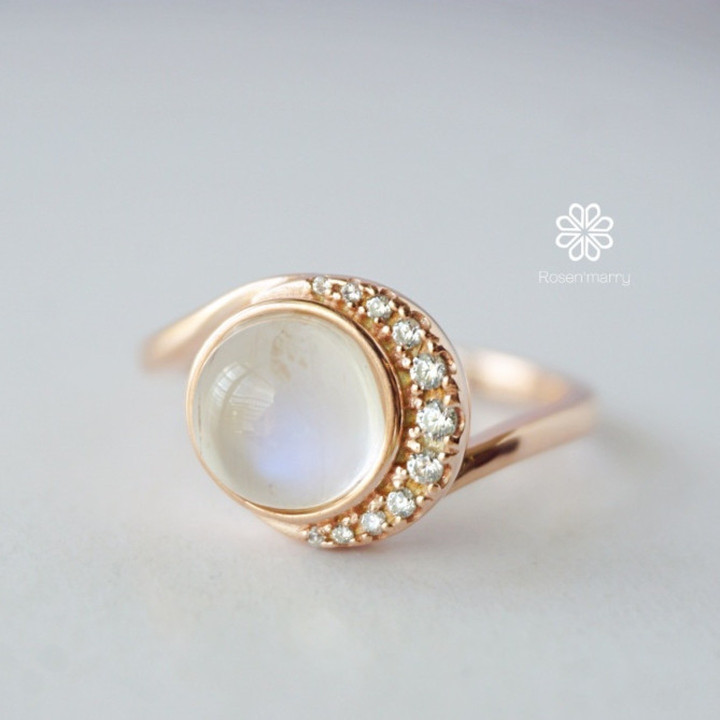 Bague en pierre de lune bleu ciel | Pierre brute, argent sterling et or rose
