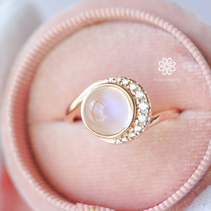 Bague en pierre de lune bleu ciel | Pierre brute, argent sterling et or rose