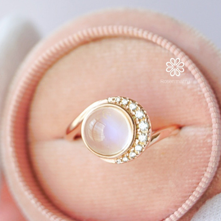 Bague en pierre de lune bleu ciel | Pierre brute, argent sterling et or rose