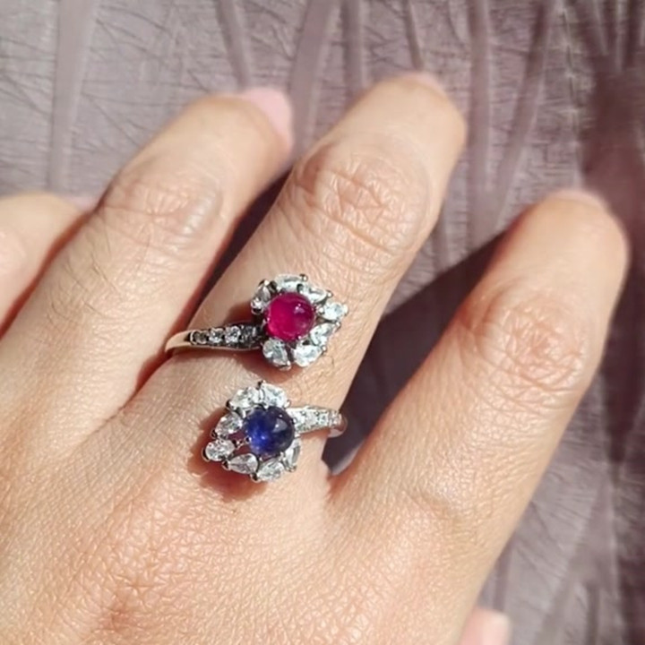 Bague en argent sterling sertie de saphirs et de rubis - Taille ajustable