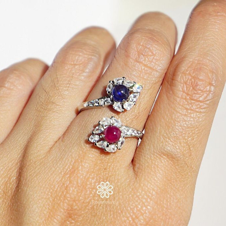 Bague en argent sterling sertie de saphirs et de rubis - Taille ajustable