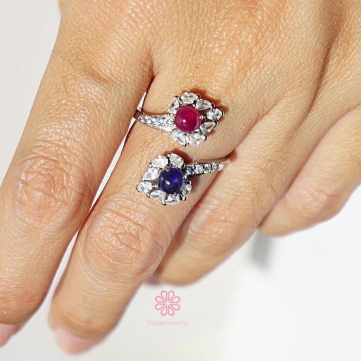 Bague en argent sterling sertie de saphirs et de rubis - Taille ajustable