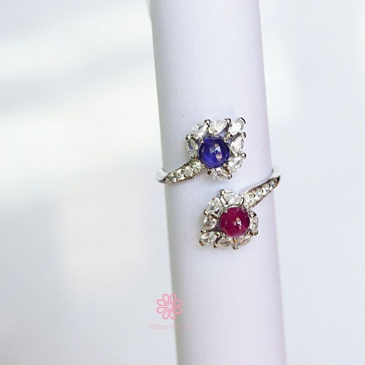 Bague en argent sterling sertie de saphirs et de rubis - Taille ajustable