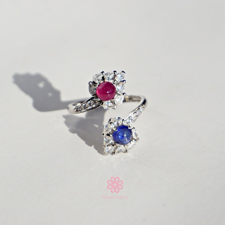 Bague en argent sterling sertie de saphirs et de rubis - Taille ajustable