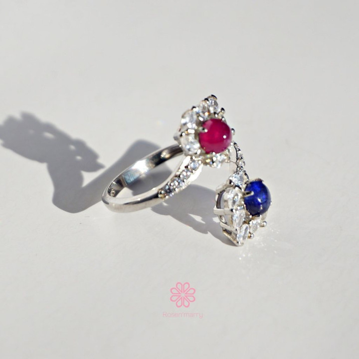 Bague en argent sterling sertie de saphirs et de rubis - Taille ajustable