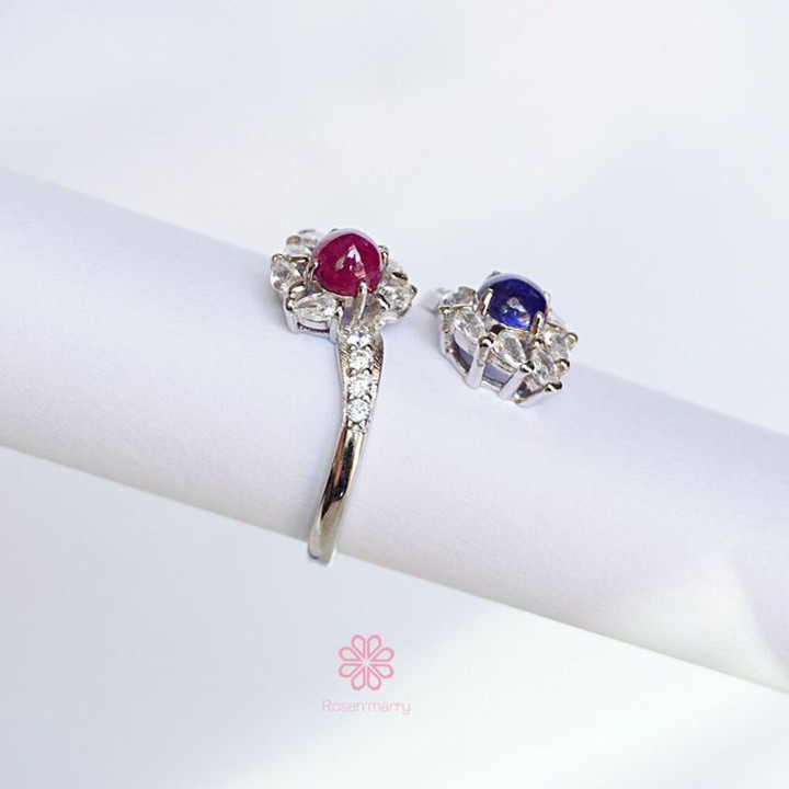 Bague en argent sterling sertie de saphirs et de rubis - Taille ajustable