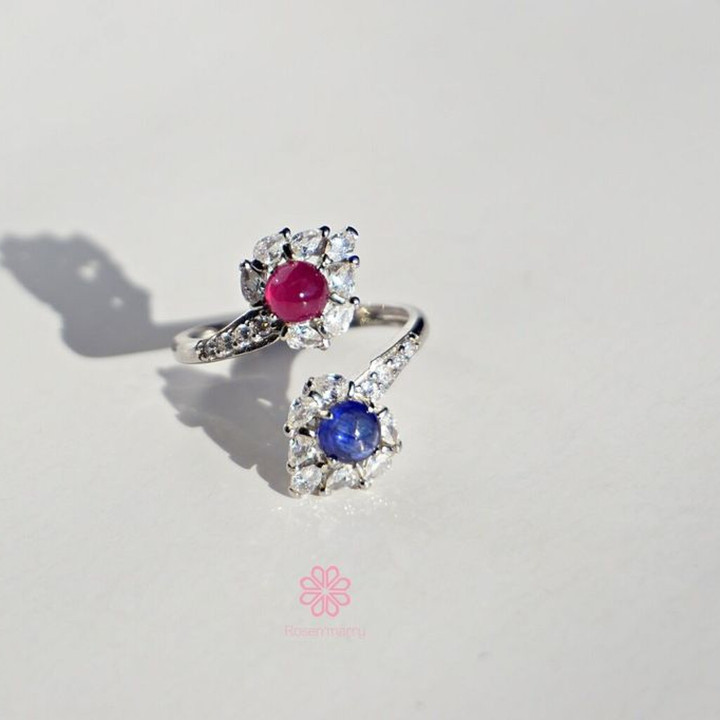 Bague en argent sterling sertie de saphirs et de rubis - Taille ajustable