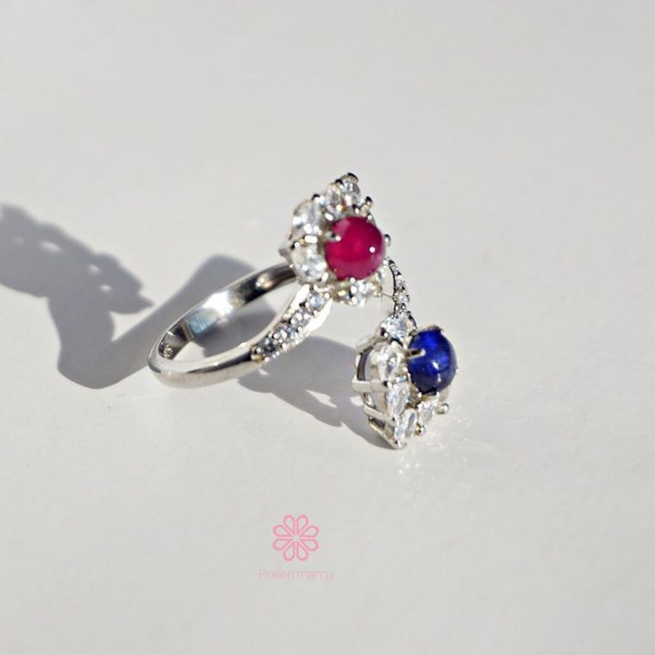 Bague en argent sterling sertie de saphirs et de rubis - Taille ajustable