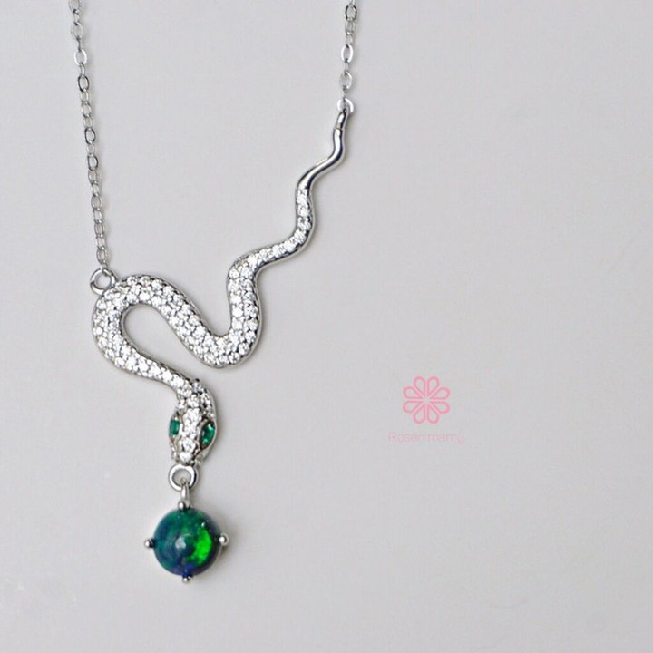 Black Opal Snake Necklace in Sterling Silver - RN034