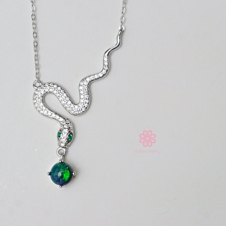 Black Opal Snake Necklace in Sterling Silver - RN034