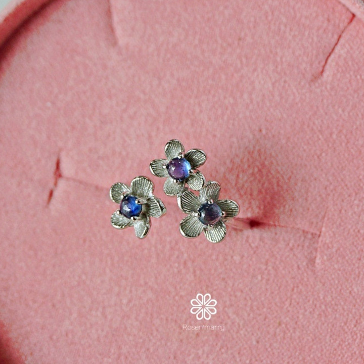 Bague Fleur en Saphir Bleu | Argent Sterling et Coffret Cadeau