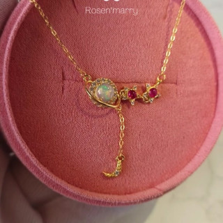 Opal and Ruby Sterling Silver Necklace - Genuine Gemstone Jewelry