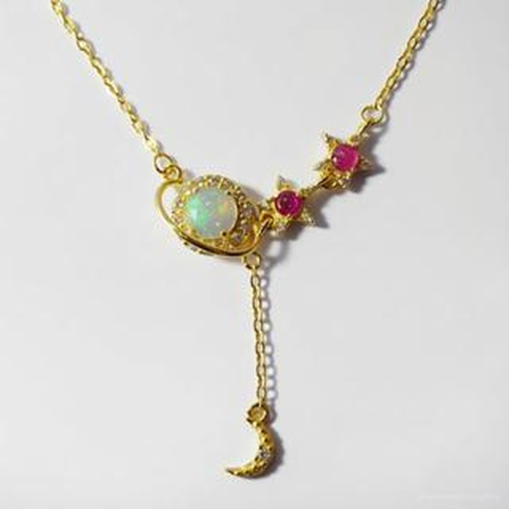 Opal and Ruby Sterling Silver Necklace - Genuine Gemstone Jewelry