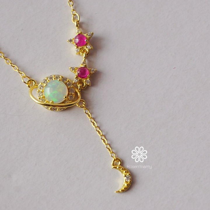 Opal and Ruby Sterling Silver Necklace - Genuine Gemstone Jewelry