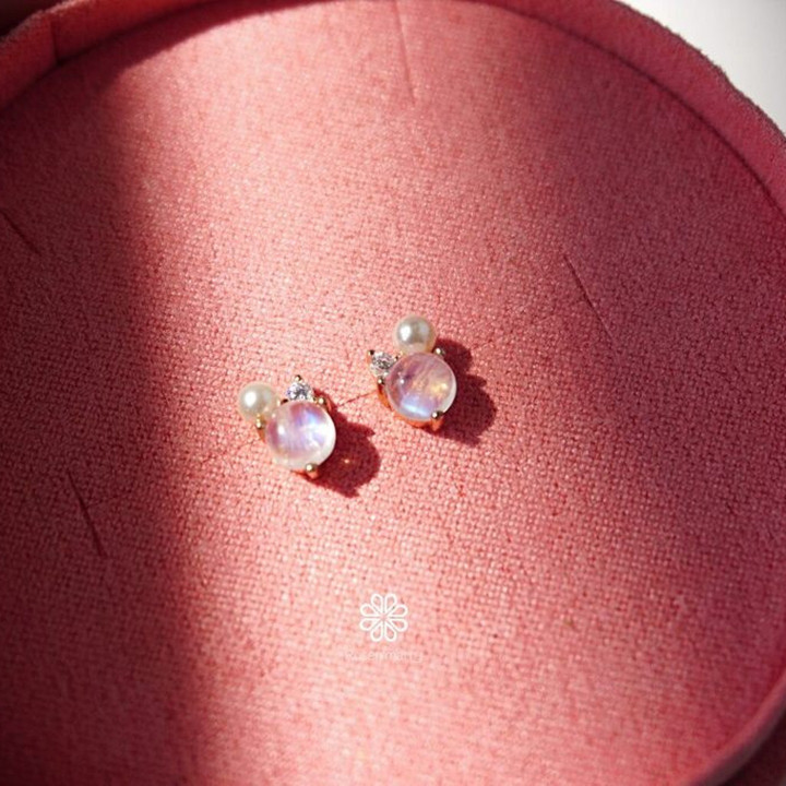 Blue Moonstone Earrings | Sterling Silver, Pink Gold Plated