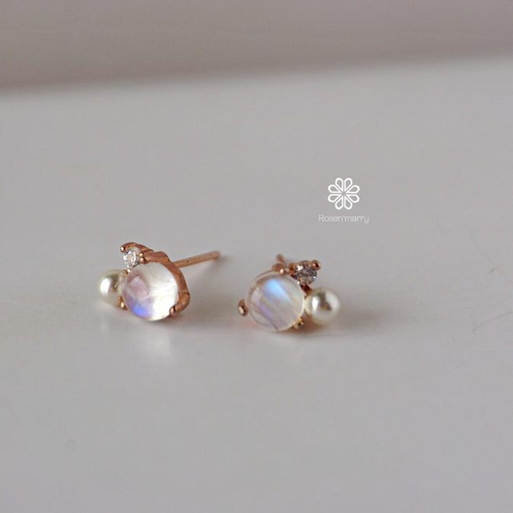 Blue Moonstone Earrings | Sterling Silver, Pink Gold Plated