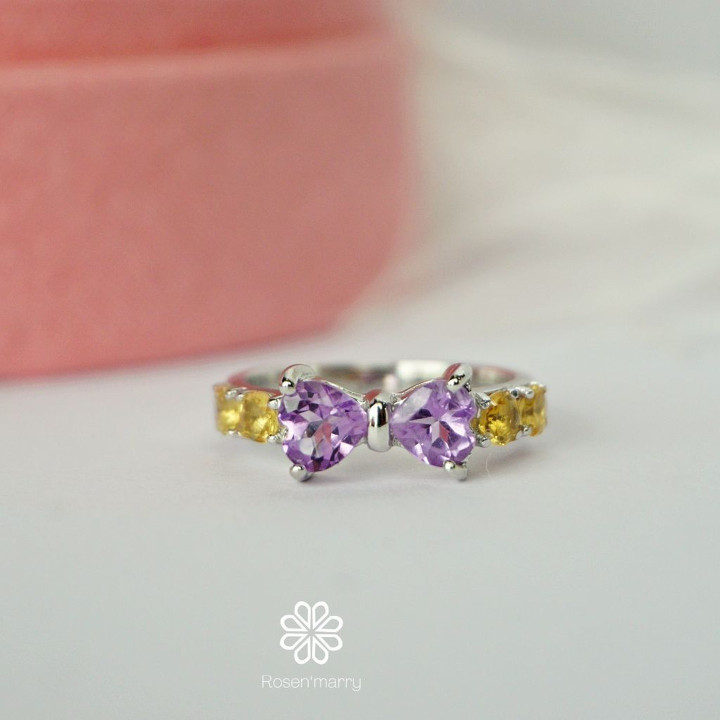 Bague nœud en argent sterling ornée d'améthyste et de citrine - Bijou de naissance