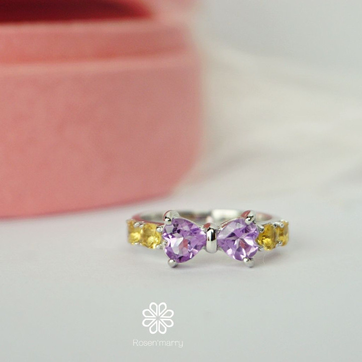 Bague nœud en argent sterling ornée d'améthyste et de citrine - Bijou de naissance