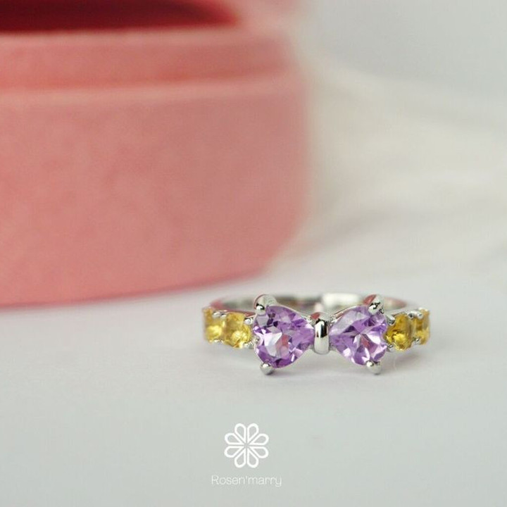 Bague nœud en argent sterling ornée d'améthyste et de citrine - Bijou de naissance