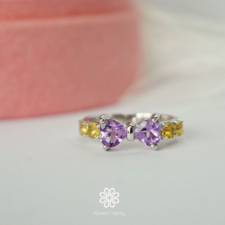 Bague nœud en argent sterling ornée d'améthyste et de citrine - Bijou de naissance