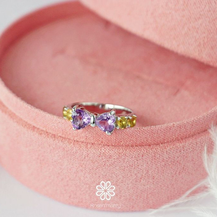 Bague nœud en argent sterling ornée d'améthyste et de citrine - Bijou de naissance