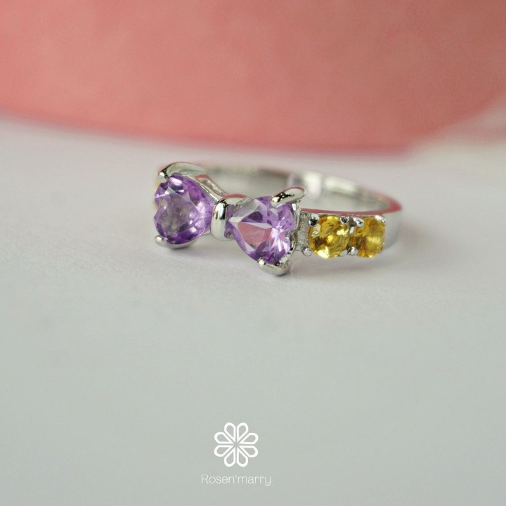 Bague nœud en argent sterling ornée d'améthyste et de citrine - Bijou de naissance
