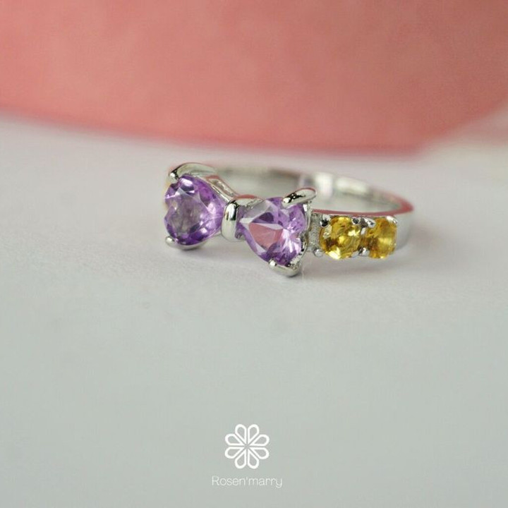 Bague nœud en argent sterling ornée d'améthyste et de citrine - Bijou de naissance