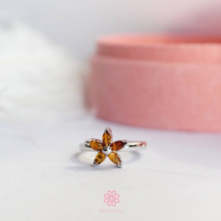Bague fleur en argent sterling et citrine | Véritable pierre précieuse