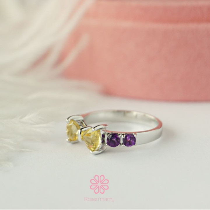 Schleifenring aus Sterlingsilber mit Citrin und Amethyst | Eleganter Geburtsstein
