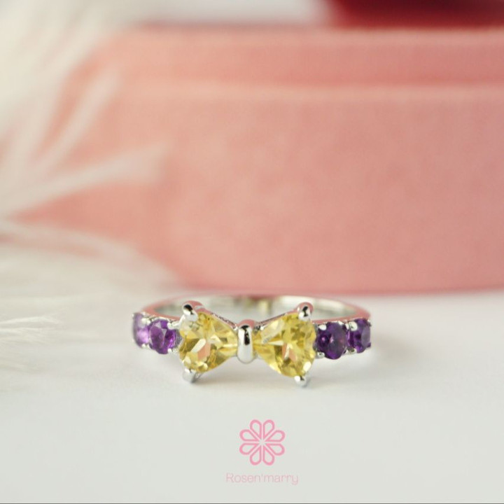 Schleifenring aus Sterlingsilber mit Citrin und Amethyst | Eleganter Geburtsstein