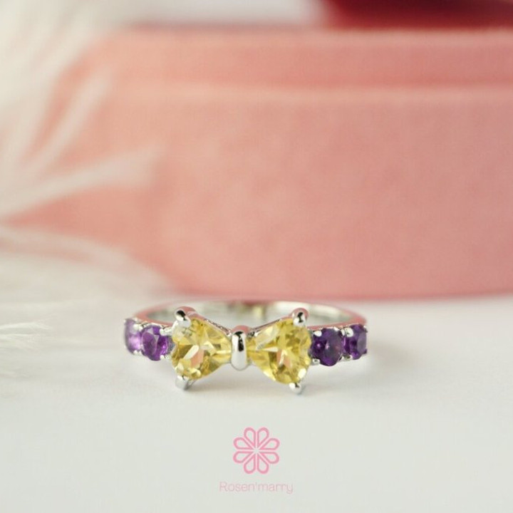 Schleifenring aus Sterlingsilber mit Citrin und Amethyst | Eleganter Geburtsstein
