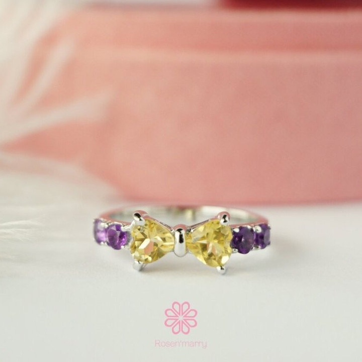 Schleifenring aus Sterlingsilber mit Citrin und Amethyst | Eleganter Geburtsstein