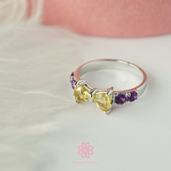 Schleifenring aus Sterlingsilber mit Citrin und Amethyst | Eleganter Geburtsstein