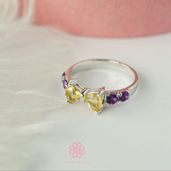 Schleifenring aus Sterlingsilber mit Citrin und Amethyst | Eleganter Geburtsstein