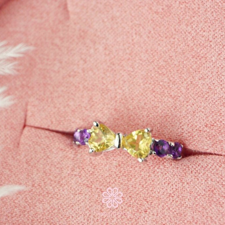 Schleifenring aus Sterlingsilber mit Citrin und Amethyst | Eleganter Geburtsstein