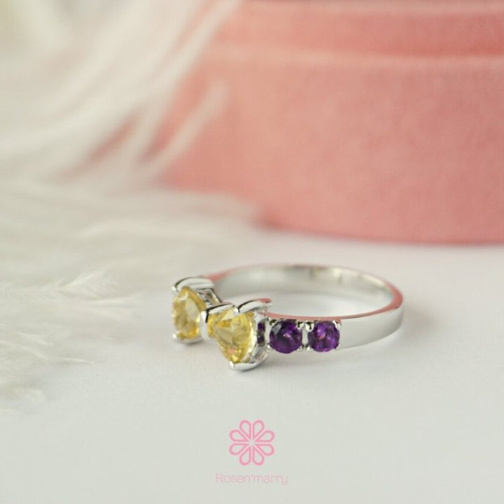Schleifenring aus Sterlingsilber mit Citrin und Amethyst | Eleganter Geburtsstein