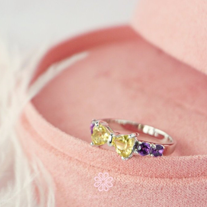 Schleifenring aus Sterlingsilber mit Citrin und Amethyst | Eleganter Geburtsstein
