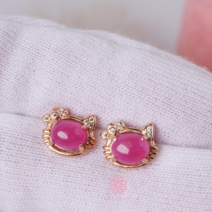 Genuine Ruby Cat Ear Stud Earrings | 925 Sterling Silver