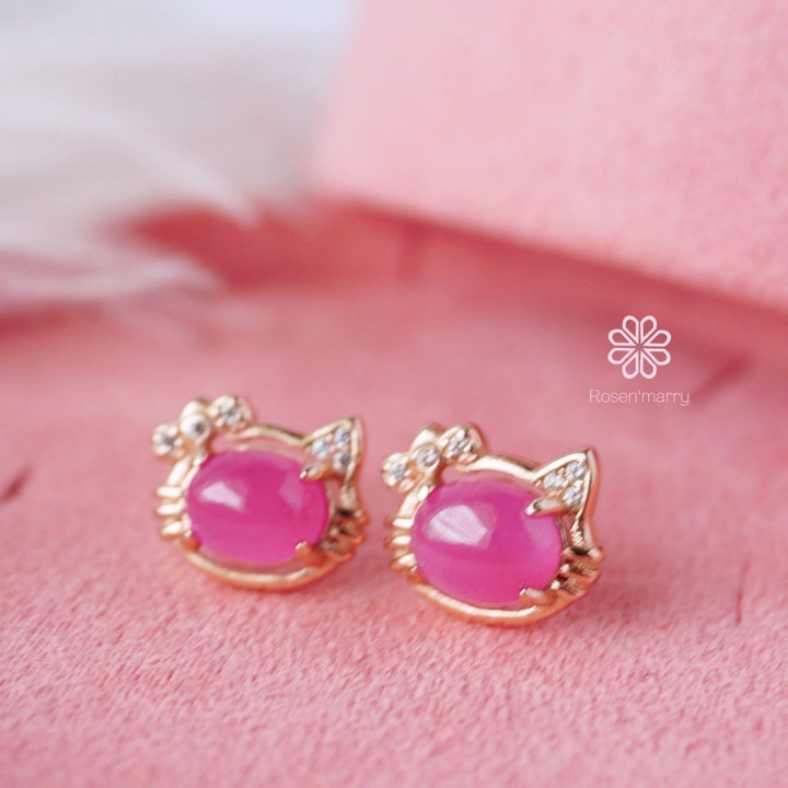 Genuine Ruby Cat Ear Stud Earrings | 925 Sterling Silver