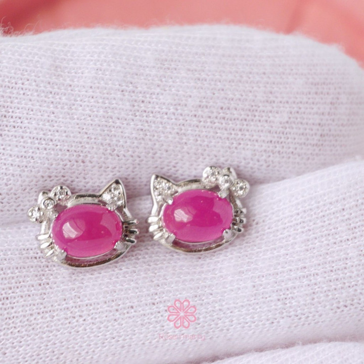 Genuine Ruby Cat Ear Stud Earrings | 925 Sterling Silver