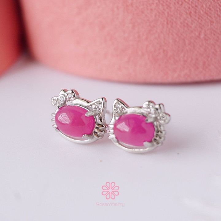 Genuine Ruby Cat Ear Stud Earrings | 925 Sterling Silver
