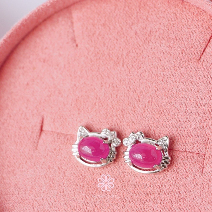 Genuine Ruby Cat Ear Stud Earrings | 925 Sterling Silver